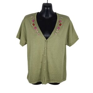 Villager Floral Embroidered Short Sleeve Cardigan Green Cottagecore Grandma Vtg